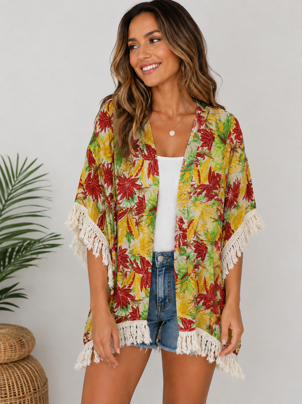 Follow Me NWT M Tropical Floral Kimono Cardigan Fringe Trim Boho Open Front